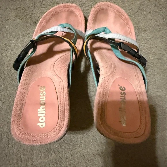 Dollhouse Women's Pink and Teal Sandals - Picture 6 of 6